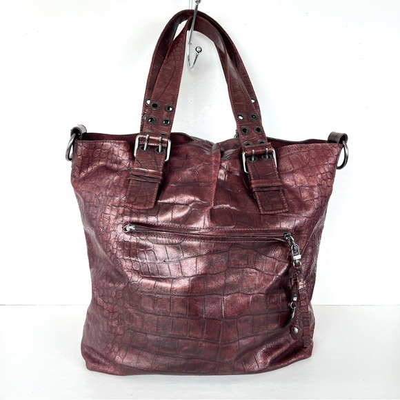 FRANCESCO BIASIA Burgundy Metallic Croc Embossed Leather Oversized Shoulder Bag - Picture 14 of 14